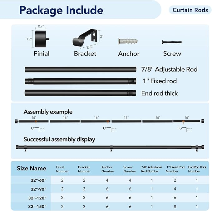 2 Pack Curtain Rods for Windows 48 to 84 Inch(4-7ft), 1 Inch Black Adjustable Heavy Duty Curtain Rod Set, Outdoor Long Drapery Rods for Patio Bedroom, Size 32"- 90"