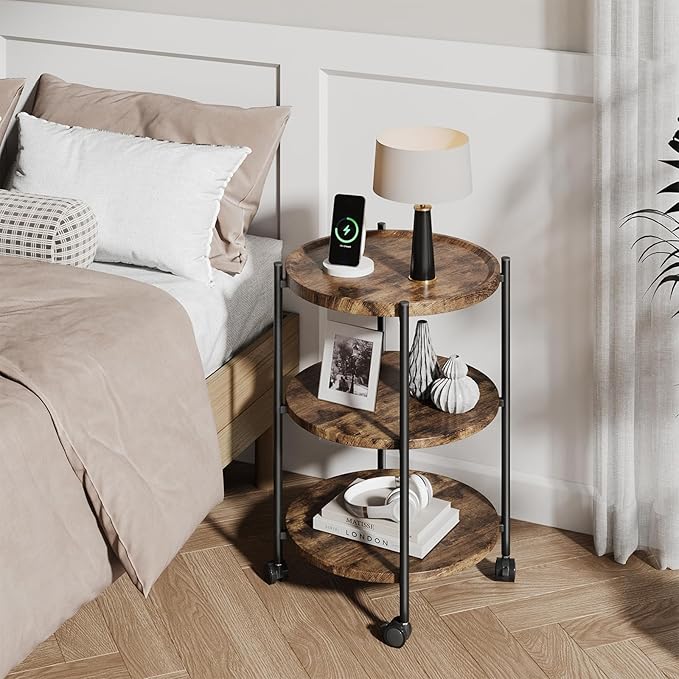 Side Tables Living Room, 3-Tier Modern End Table with Wheels, Small Side Table Nightstand Bedside Table for Living Room, Bedroom, or Small Spaces-Rust Brown