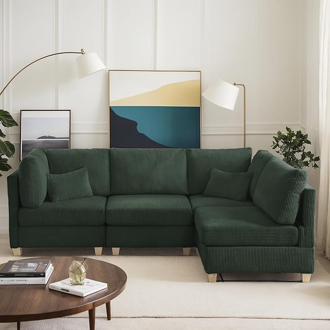 126" Convertible L-Shaped Modular Sectional Sofa, 4 Seater Corduroy Upholstered Corner Sofa Couch with Extra Wide Deep Seat, DIY Combination Lounger Sofa with Solid Wood Legs for Living Room Office