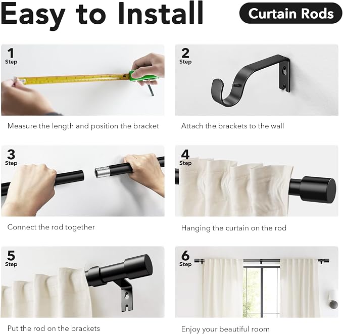 IFELS Heavy Duty Curtain Rods for Windows 28 to 48 Inch, 1 Inch Black Curtain - Image 7