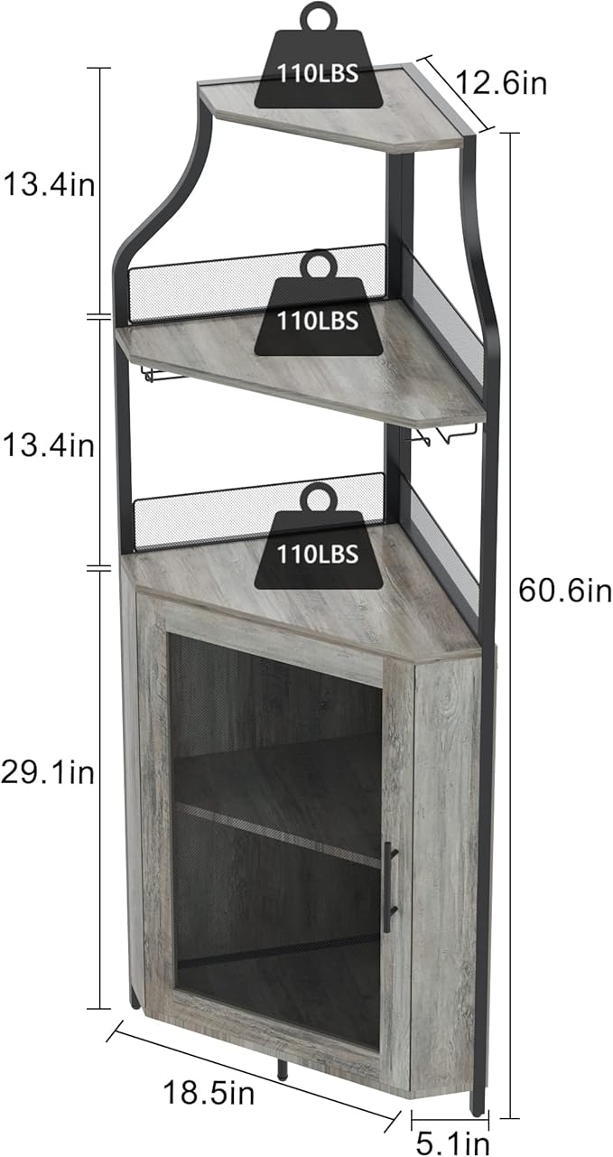 GAOMON Corner Wine Cabinet with Removable Wine Rack, Wine Bar Cabinet with Barn Door and Adjustable Shelves, Industrial Wine Cabinet for Dining Room, Living Room,Kitchen (Grey)