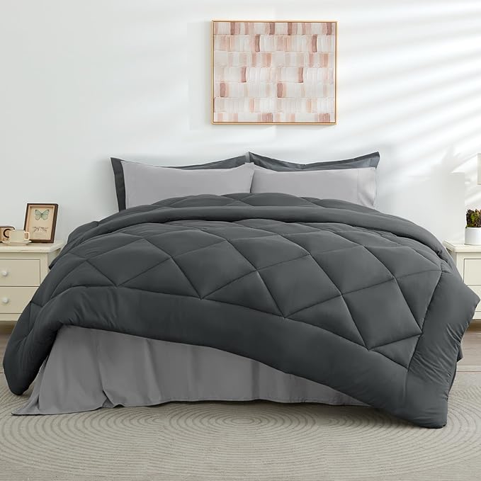 HEVUMYI Twin-XL Comforter Set - 5-Piece All Season Bed in a Bag Twin-XL, Ultra Soft Bedding Set with Comforter, Flat Sheet, Fitted Sheet, Pillowcases, Pillow Shams, Dark Grey & Light Grey