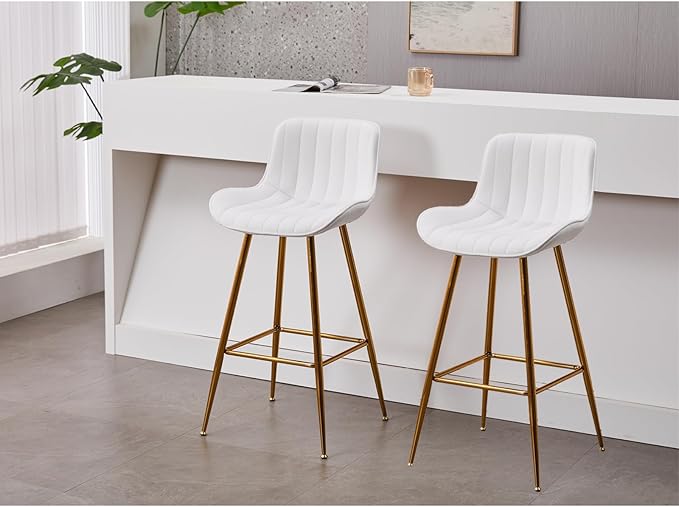 Sidanli Velvet Bar Stools with Gold Legs, Set of 2 Counter Height Stools for Kitchen Island, 29 Inch Modern Barstools with Swivel Leveling Feet, White