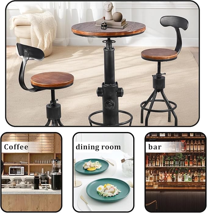 Industrial Bistro Bar Table 38.6-44.4inch Height Adjustable Farmhouse Pub Table for Kitchen Dinning Room Office Swivel Wooden Top