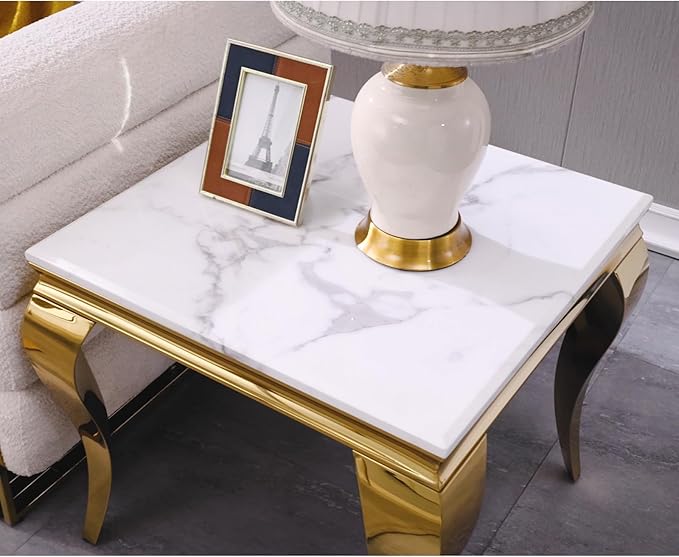 Gold End Table, Modern Square Living Room End Table with Mirrored Stainless Steel Cabriole Legs