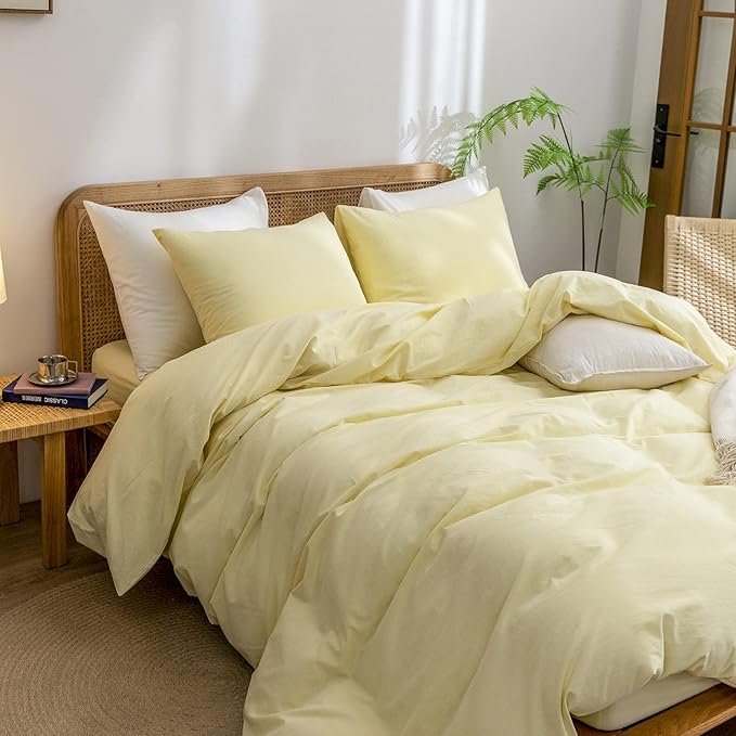 BESTOUCH Duvet Cover Set 100% Washed Cotton Linen Feel Super Soft Comfortable Chic Lightweight 3 PCs Home Bedding Set Solid Light Yellow Cal King