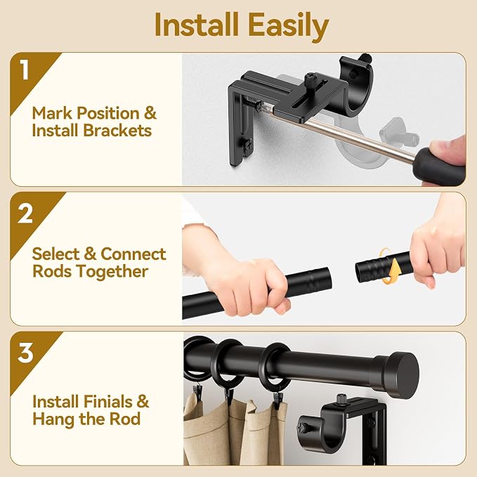 YaFex Curtain Rods 2 Pack 32-118 Inch, Heavy Duty 1 Inch Curtain Rod, Modern - Image 8