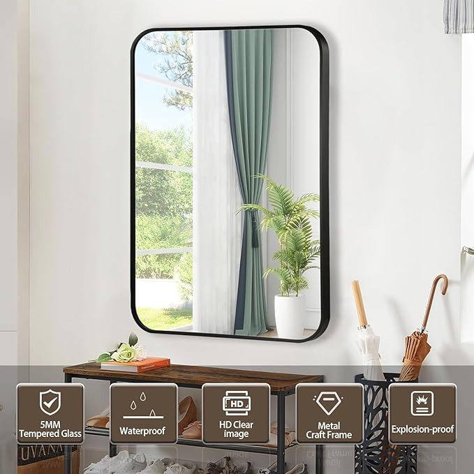 Black Bathroom Mirror, 40x30 Inch Matte Black Mirror, Aluminum Alloy Framed Vanity Mirror, Rounded Rectangle Bathroom Mirror for Over Sink, Anti-Rust Wall Mirror (Horizontally or Vertically)