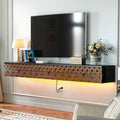 Fully-Assembled Floating TV Stand, Vintage Carved Floating Entertainment Center with Flip-Down Doors & Drawer, Walnut Wood Media Console Shelf Cabinet Under TV Storage for Living Room, 55IN