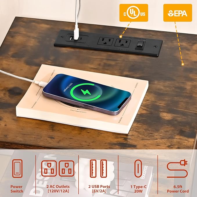End Table with Charging Station, Charging Side Table Bedside Table with Outlets, Charger Nightstand, End Tables for Living Room, Night Stand with Storage for Bedroom, Brown