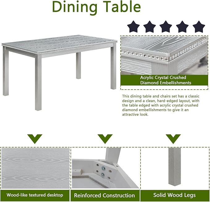 KEIKI 6-Piece Standard Height Dining Table Set with Rectangular Table, 4 Upholstered Chair, Bench, for 6 Person, Crystal Decoration Table Set, Easy Assembly, for Kitchen, Dining Room, Silver Grey