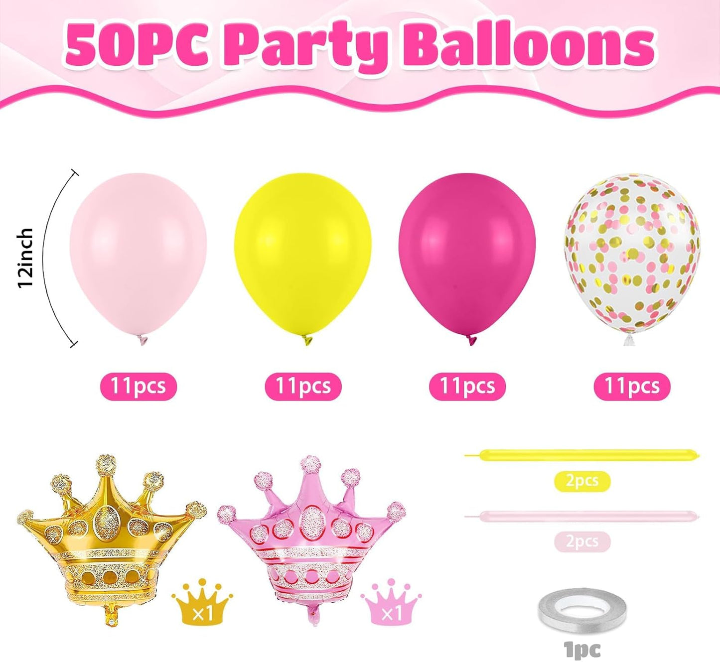 Pink and Yellow Balloons, 50pcs Hot Pink Yellow Balloons With Pastel Long Balloon Gold Crown Foil Balloon For Girls Women Birthday Baby Shower Party Wedding Bridal Shower Engagement Decor