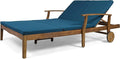 Christopher Knight Home Samantha Double Chaise Lounge for Yard and Patio, Acacia Wood Frame, Teak Finish with Blue Cushions