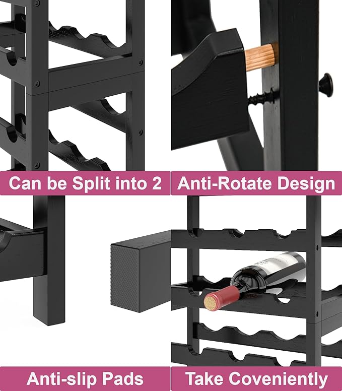 6 Tier Bamboo Wine Rack Freestanding Floor, 24 Bottles Wine Storage Shelves with Table Top, Stackable Wine Display Rack for Kitchen, Bar, Dining Room, Black