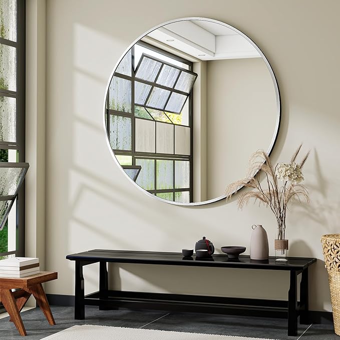 Black Round Bathroom Mirror, 42 inch Large Circle Wall Mounted Hanging Mirror with Simple Modern Circular Metal Frame for Hallway, Entryway, Living Room, Silver Frame