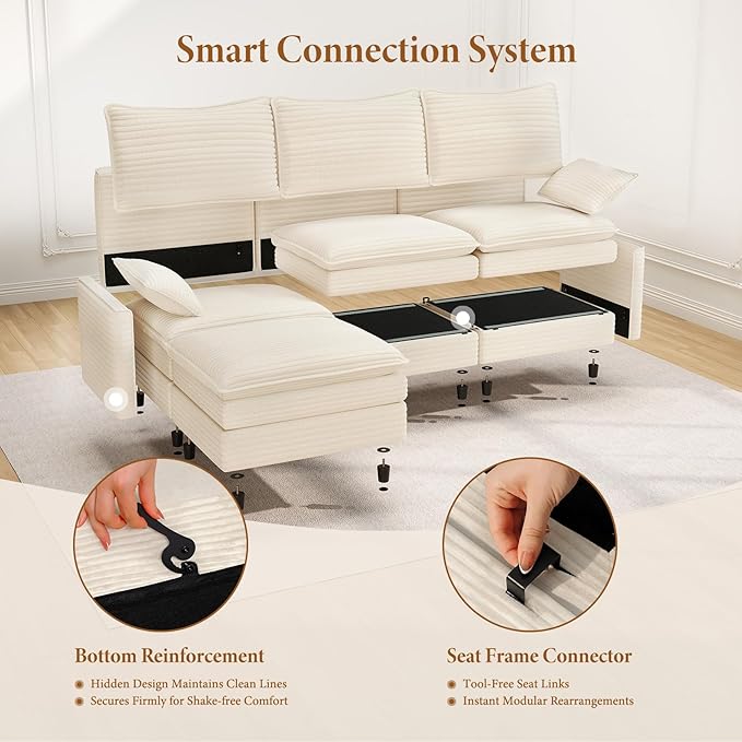 Vesgantti 142" U Shaped Sectional Couch, Comfy Cloud Modular Sectional Sofa with 2 Ottoman Deep Seat Corduroy Modern Cloud Sofa, Modular Sofas for Living Room, Bedroom and Apartment, Beige