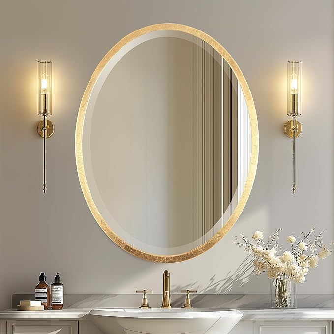 OVALCREST - Oval Wooden Beveled Wall Mirror for Home Decor, Bathroom, Vanity, Bedroom, Living Room, Hallway - London Style (Gold Leaf) 13.1 x 17.1