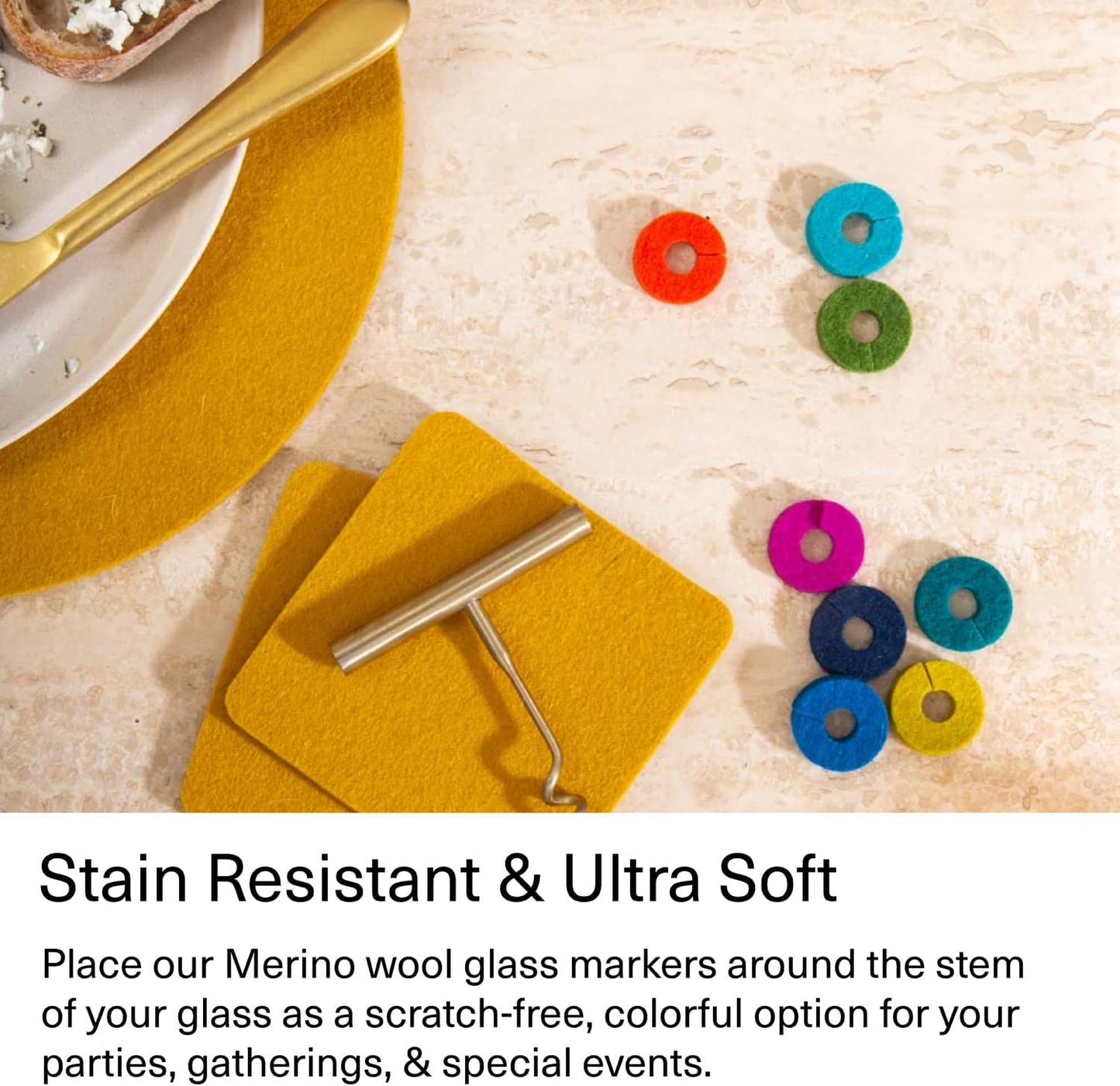 Graf Lantz - Wine-O's Merino Wool Wine Glass Charms (Midcentury) 12 Count - Drink Markers with Note Card - Reusable - 12 Colors - Boho Style - Home Decor, Party Favors & Vacation Essentials - 5mm Felt