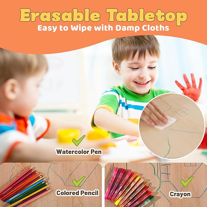 FUNLIO Kids Table and 2 Chairs Set for Ages 3-8, Height Adjustable Toddler Table and Chair Set, Easy to Wipe Arts & Crafts Table, for Classrooms/Daycares/Homes, CPC & CE Approved (3pcs Set) - Natural