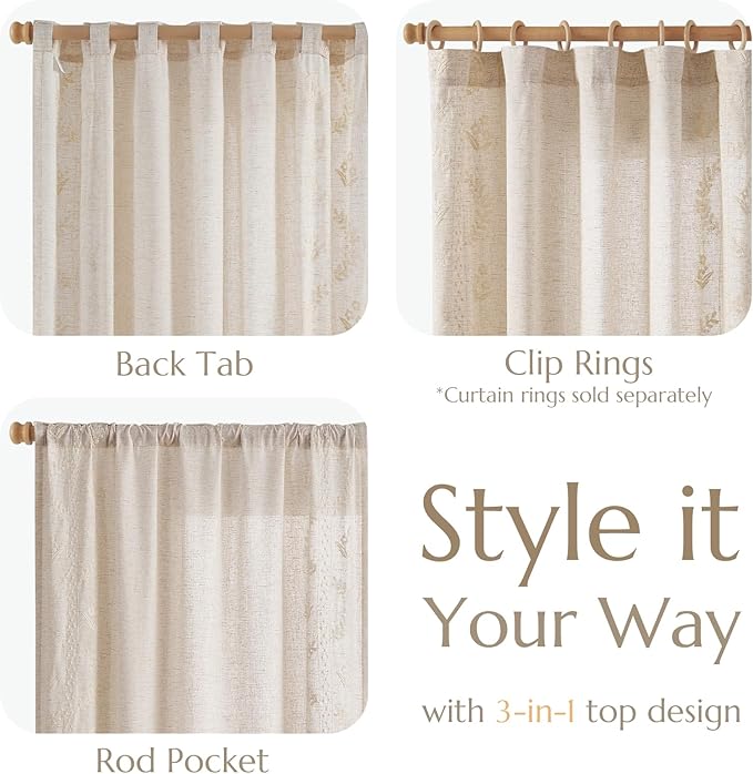 jinchan Belrose Linen Curtains for Bedroom Floral Curtains 96 Inch Length Linen - Image 6