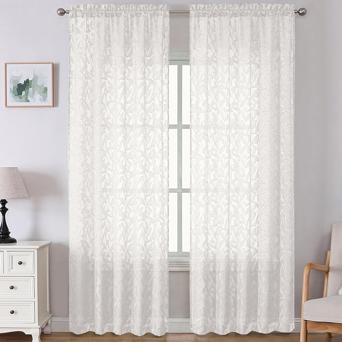 Lecloud Leia Ivory Sheer Curtains 108 Inches Long 2 Panels, Airy Jacquard Leaf by Lecloud