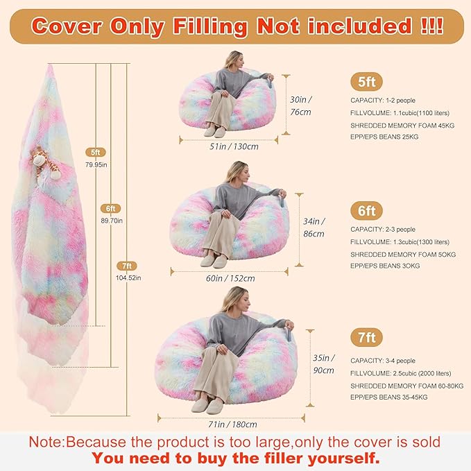 6FT Fur Comfy Bean Bag Cover for Living Room(No Filler), Big Fluffy Stuffed Animal Storage Bean Bag Chair Cover Rainbow, Furry Fuzzy Bean Bag Cover for Adults Kids Girls, Anti-Slip, Colorful