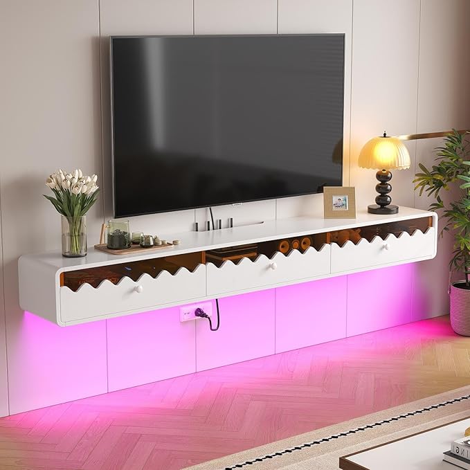 Floating TV Stand, 47IN Fully-Assembled Wall Mounted Wave Glass with Flip-Down Door & Drawers, Modern Media Entertainment Console Under TV Shelf for Livingroom