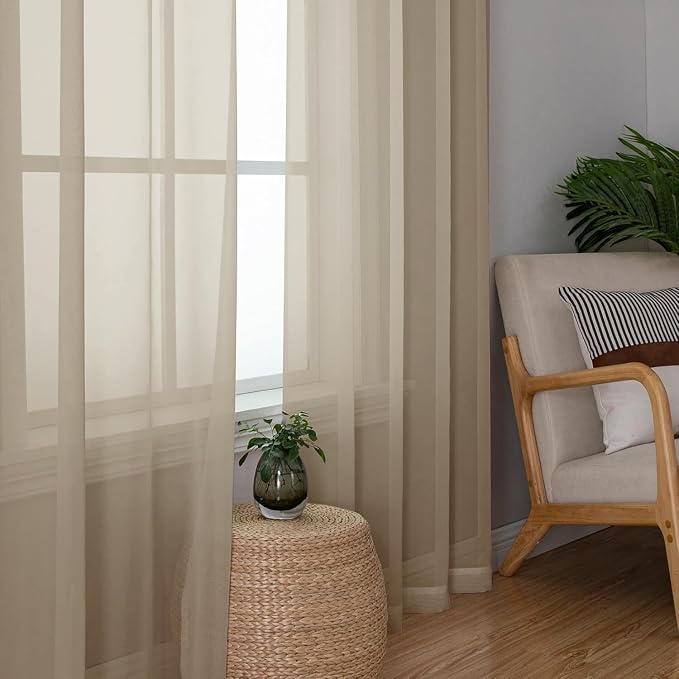 Aiyufeng Taupe Sheer Curtains 90 Inches Long 2 Panels Set, Semi Transparent - Image 2