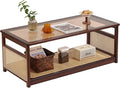 Welnow Rattan Coffee Tables for Living Room, Modern 2-Tier Coffee Table, Mid Century Rectangle Coffee Table with Storage Shelf & Glass Top, Large Boho Center Table for Apartment, Walnut