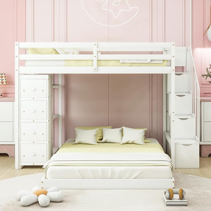Twin Over Full Bunk Bed with 3-Layer Shelves,Wood L-Shape High Loftbed Frame W/ 4 Drawers & Storage Stairs,No Box Spring Required,Slats Support,for Kids Teens Adults,White