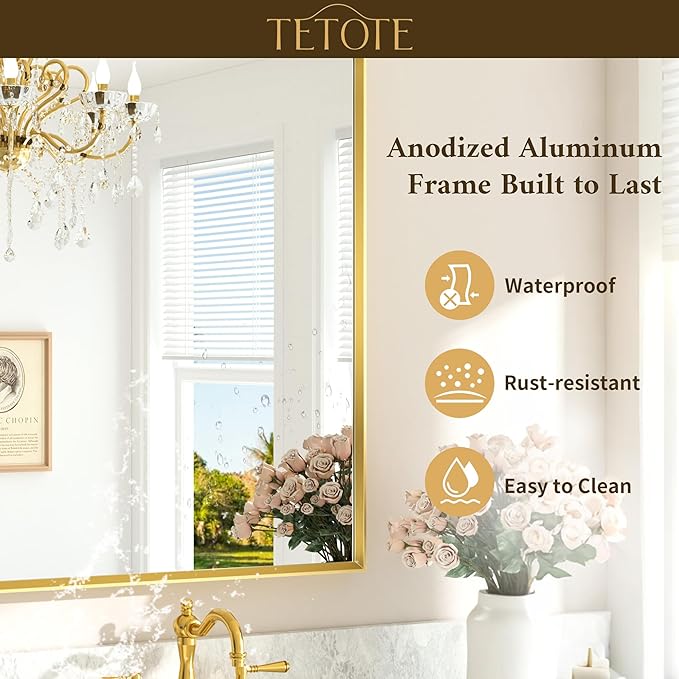 TETOTE Brushed Gold Bathroom Mirror for Over Sink 55" x 36" Large Brass Gold Beveled Framed Rectangular Vanity Mirror for Bathroom, Bedroom, Entryway, Living Room, Tempered Glass, Stronger Frame