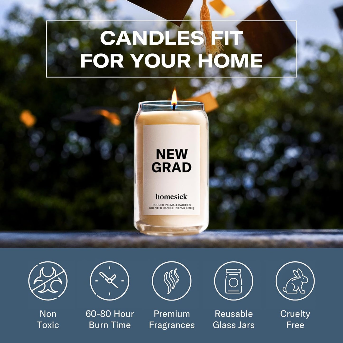 Homesick Scented Candles for Home (New Grad) - 13.75 oz Long-Lasting Soy Wax Jar Candle for Women & Men for All Occasions, 60-80 Hours Burn Time - Notes of Jasmine, Rosemary, Gardenia & Vanilla