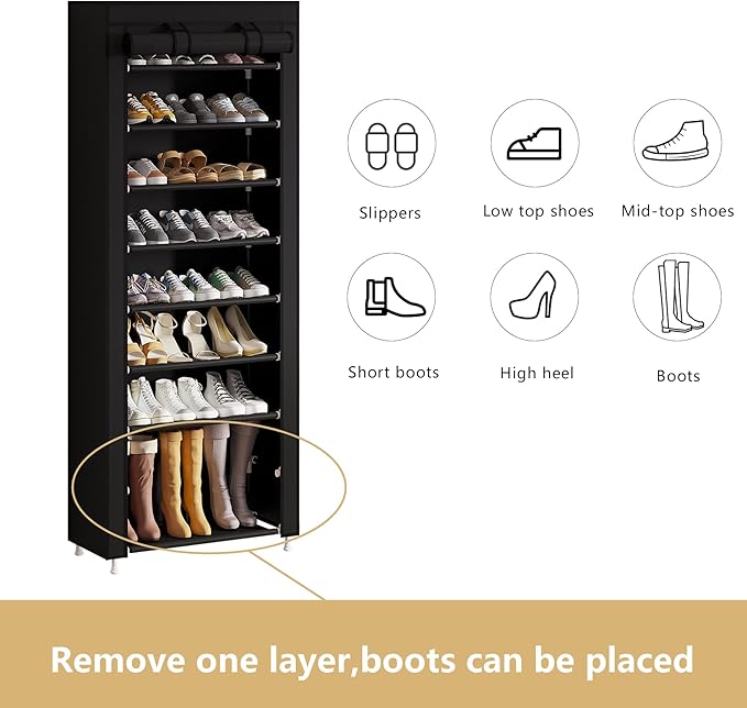 Calmootey 9 Tier Shoe Rack Organizer,Portable Shoe Shelf with Nonwoven Fabric Cover for Closet Hallway,Bedroom,Entryway,Black