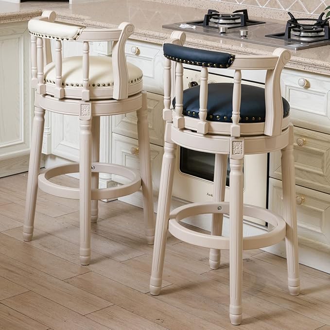 Cow top Leather Wooden Bar Stools, 360 Degree Swivel Bar Height Chair with Backs for Home Kitchen Counter, Morden Chair Barstools (Ivory Wood 1pc-Blue Seat, Counter Height-Seat Height 26”)