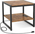 Homieasy End Table with Charging Station, 20 Inch Mini Fridge Stand with 2-Tier Open Shelf, Square Bedside Nightstand & Sofa Side Table for Living Room, Dorm, Office,Rustic Brown