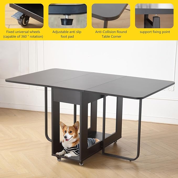 Folding table and chair set, dining table with extra large storage space and 4 universal wheels, matched with padded steel frame folding chairs, space-saving dining table and 2 chairs (White)