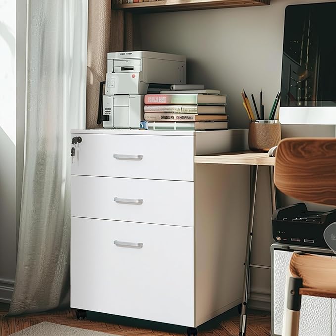 QDSSDECO 3 Drawer Mobile File Cabinet, Rolling Vertical Filing Cabinet fits A4, Legal Paper and Letter Paper for Home Office, White with Lock