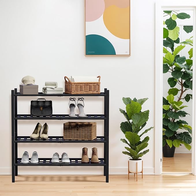 Haddockway 4 Tier Bamboo Shoe Rack Storage Organizer, Multifunctional Free Standing Stackable Shoe Shelf with Grid Panel for Closet,Hallway,Entryway,Small Space 27"x11"x26" (Black, 4 Tier)