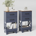 Tall Nightstand Set of 2 Side Table with 2 Drawers Modern Night Stand Wooden Rustic End Table Bedside Table with Below Open Shelf Solid Feet for Bedroom, Living Room, Navy Blue+Walnut