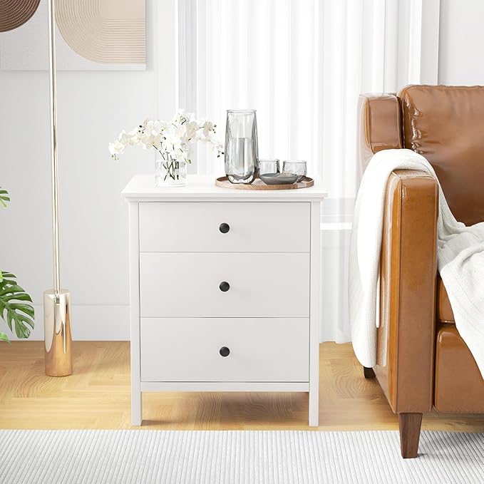 KOMFOTT 3 Drawers Nightstand, Wooden Bedside Table, Modern Sofa Side End Table, Space-Saving Telephone Table, Chest of Drawers for Living Room, Bedroom & Office (1, White)