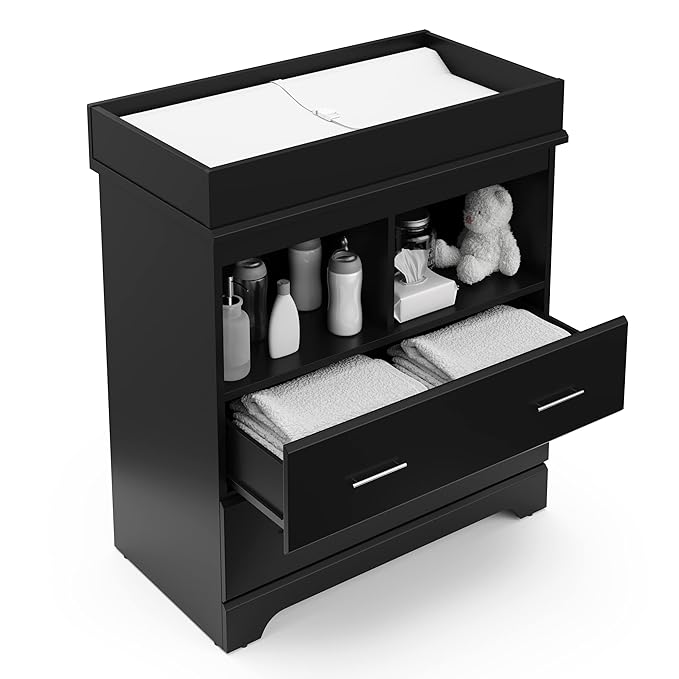 Storkcraft Brookside 2 Drawer Changing Table Dresser (Black) – GREENGUARD Gold Certified, Easy-to-Match Chest of Drawers and Cubbies for Nursery and Kids Bedroom, Includes Changing Table Topper