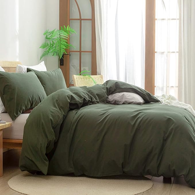 BESTOUCH Duvet Cover Set 100% Washed Cotton Linen Feel Super Soft Comfortable Chic Lightweight 3 PCs Home Bedding Set Solid Olive Green Full/Double