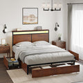 Queen Bed Frame with Storage Headboard and 4 Drawers Bed Frame Queen Size with Charging Station LED Lights Metal Platform Non-Slip Without Noise No Box Spring Needed