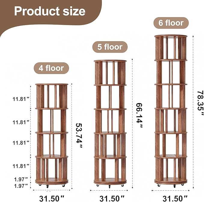 KEIKI Solid Wood 4 Tier Rotating Bookcase, Round Revolving Bookshelf with Lockable Wheels, Space Saving Wide Book Rack for Corner, Office, Bedroom, Walnu