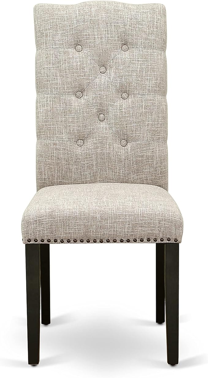 East West Furniture ELP6T35 Elsa Parson Dining Room Chairs - Button Tufted Nailhead Trim Doeskin Linen Fabric Padded Chairs, Set of 2, Wirebrushed Black