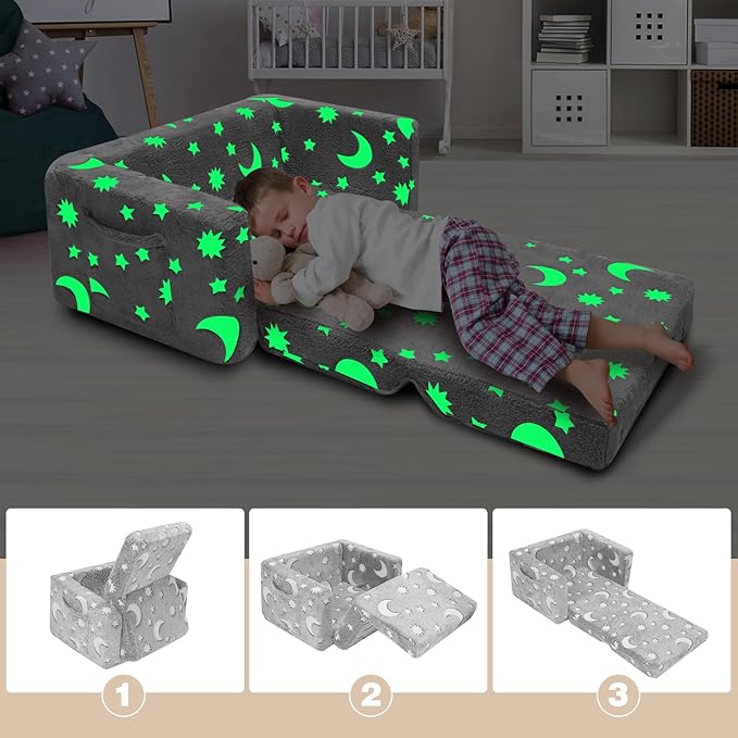 SLIGUY Kids Chair, Toddler Couch, Fold Out Sofa Chair, Toddlers Convertible Sofa to Lounger Pull Out Couch, Glow in The Dark Sofa Chair for Boys and Girls Large (Grey)