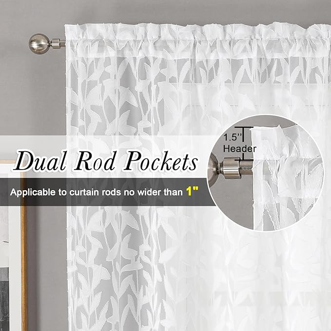 Lecloud Leia White Sheer Kitchen Curtains 24 Inch Length 2 Pcs, Jacquard Leaf - Image 5