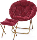MoNiBloom Round Folding Faux Fur Saucer Chair for Bedroom Living Room Dorm Foldable Metal Frame Oversized Large Comfy Furry Padded Soft Cozy Moon Chair with Footrest Ottoman for Adults (Burgundy)