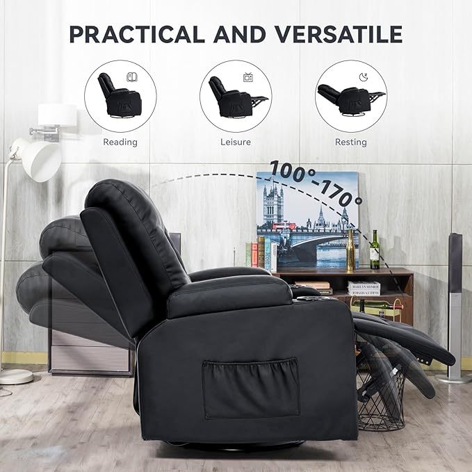 COMHOMA Living Room Furniture Set,Bonded Leather Loveseat Sofa with Massage,Cup Holder Recliner Chair,2+1,Black