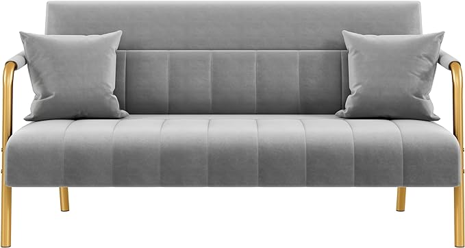 Yaheetech 56.5" W Modern Sofa Small Sofa Luxurious Velvet Fabric Couch with Gold-Tone Metal Arms and Legs for Living Room, Home Office, Studio Light Gray